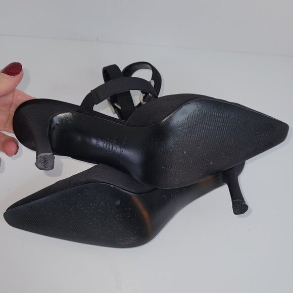 Nina Black Sateen Ankle Strap Heels W/Rhinestone Embellishment Women's Size 6.5 - Picture 11 of 13